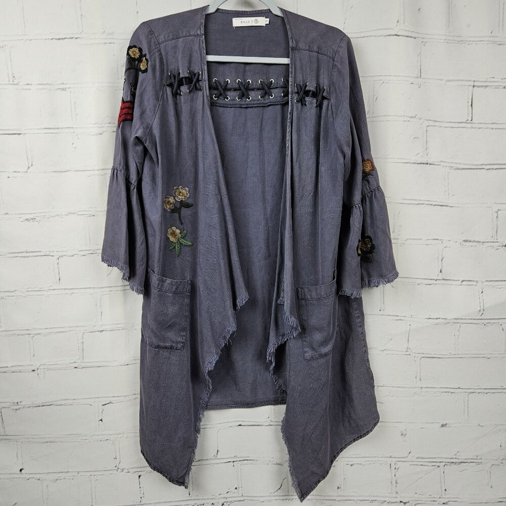 Billy T Embroidered Bell Sleeve Open Boho Cardigan Jacket Womens S Lyocell